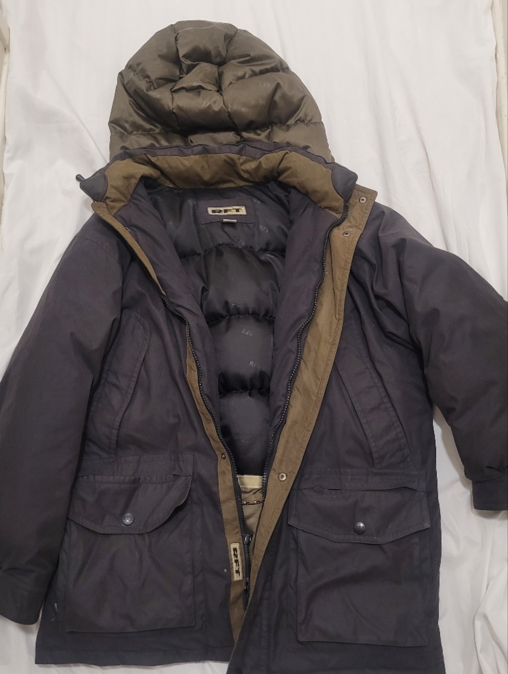 Men's Hooded Puffer Parka in Dark Gray with Olive Trim